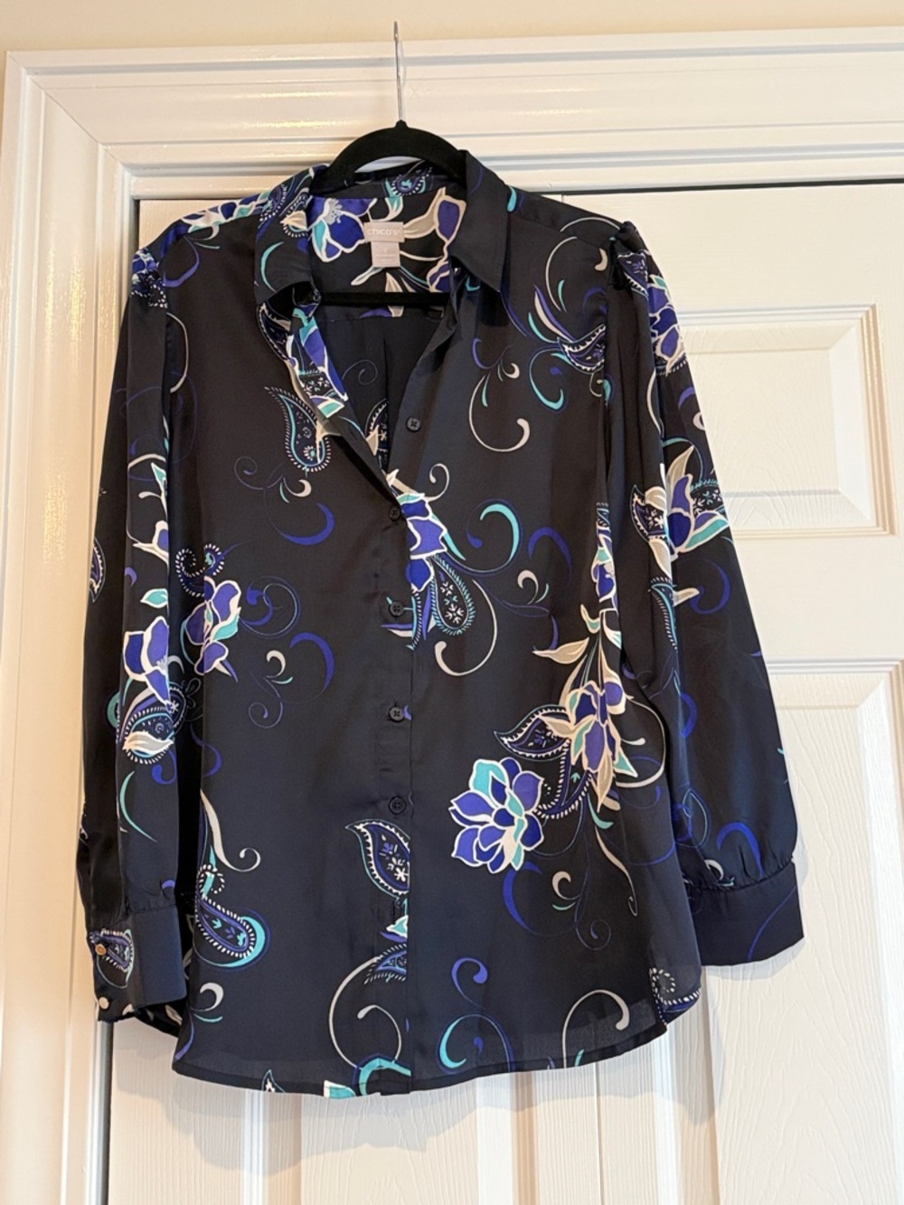 Chico's Black Floral Button-Down Shirt with Blue Accents